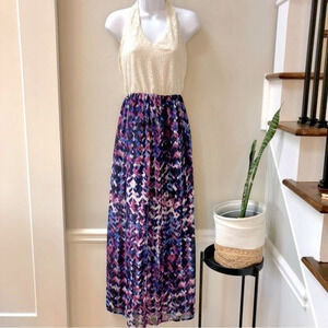 Lily Rose blue pink purple floral crochet top tie neck maxi dress woman’s size M